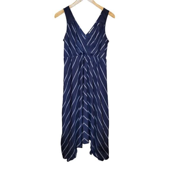 Motherhood Maternity Navy Blue White Stripe Asymmetrical Hem Maxi Dress M - Picture 1 of 4